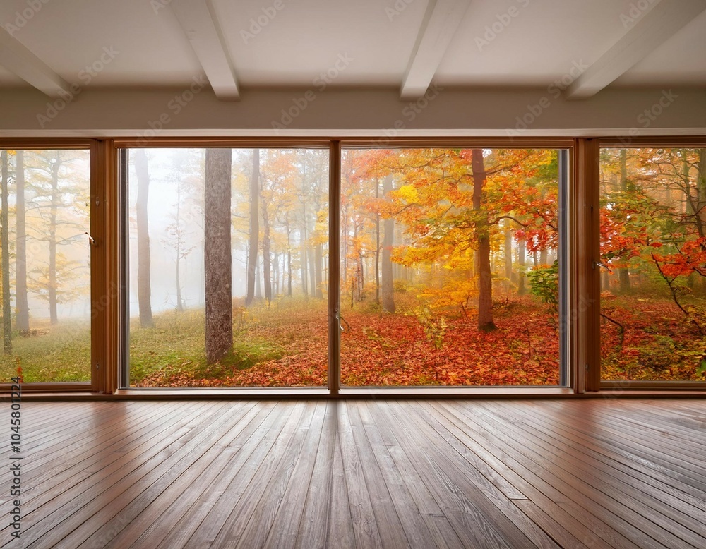 Fototapeta premium bright space floor to ceiling window view of misty autumn woods outside colorful foliage