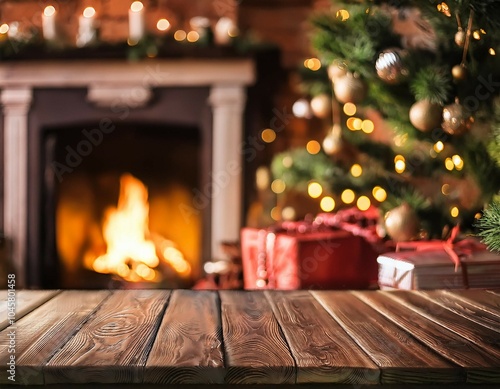 christmas background wooden background closeup with blurred christmas tree and gifts against the backdrop of the fireplace and holiday lights