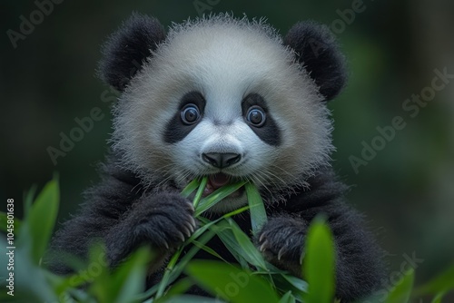 A cute panda cub munching on bamboo leaves in a natural setting.