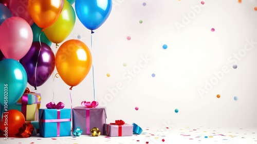 Happy Birthday party balloons, colourful balloons background and birthday cake with candles. High Quality Image