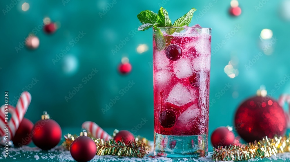 A tall glass of pink beverage with ice and a sprig of mint is sitting on a table with red and white candy canes, red ornaments, and gold tinsel in the background. A tall glass of pink beverage with ice and a sprig of mint is sitting on a table with red and white candy canes, red ornaments, and gold tinsel in the background.