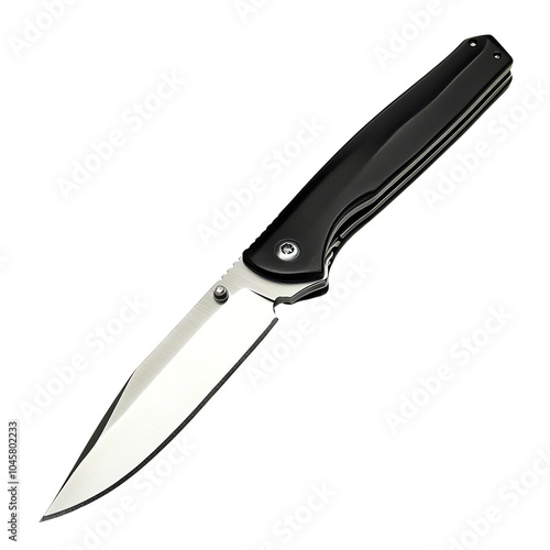 Pocket knife with black handle, white isolated background.