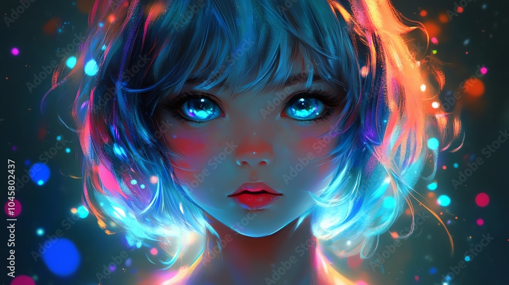 A captivating illustration of a girl with glowing hair and vibrant eyes, surrounded by colorful light orbs in a dreamy atmosphere. A captivating illustration of a girl with glowing hair and vibrant eyes, surrounded by colorful light orbs in a dreamy atmosphere.