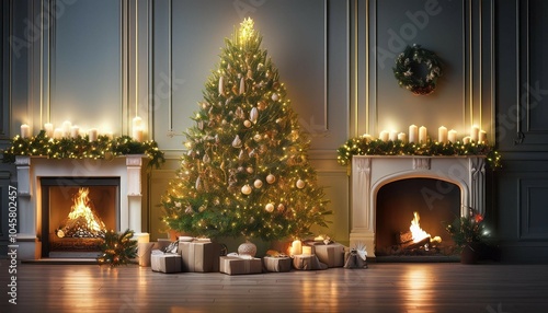 Wallpaper Mural christmas tree with decorations near a fireplace with lights Torontodigital.ca