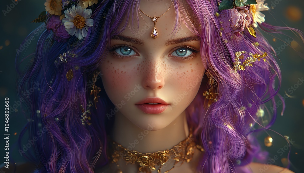 Enchanting portrait of a mythical fairy with vibrant purple hair, delicate floral crown, and captivating blue eyes against a mystical background. Enchanting portrait of a mythical fairy with vibrant purple hair, delicate floral crown, and captivating blue eyes against a mystical background.