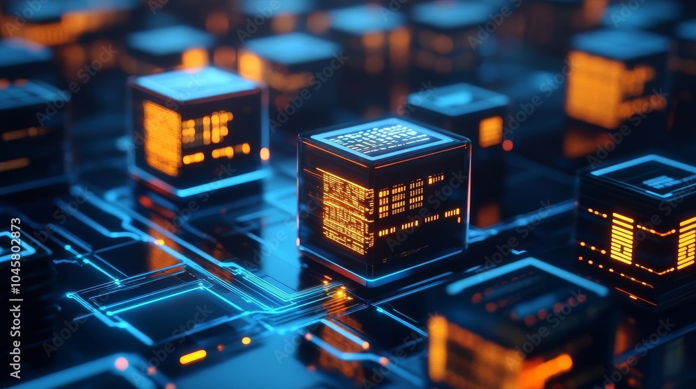 Blockchain-powered supply chain disruption, glowing data blocks, futuristic urban hub Blockchain-powered supply chain disruption, glowing data blocks, futuristic urban hub