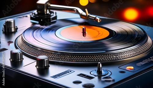 close up of a shiny turntable s control knob and platter showcasing music equipment design photo