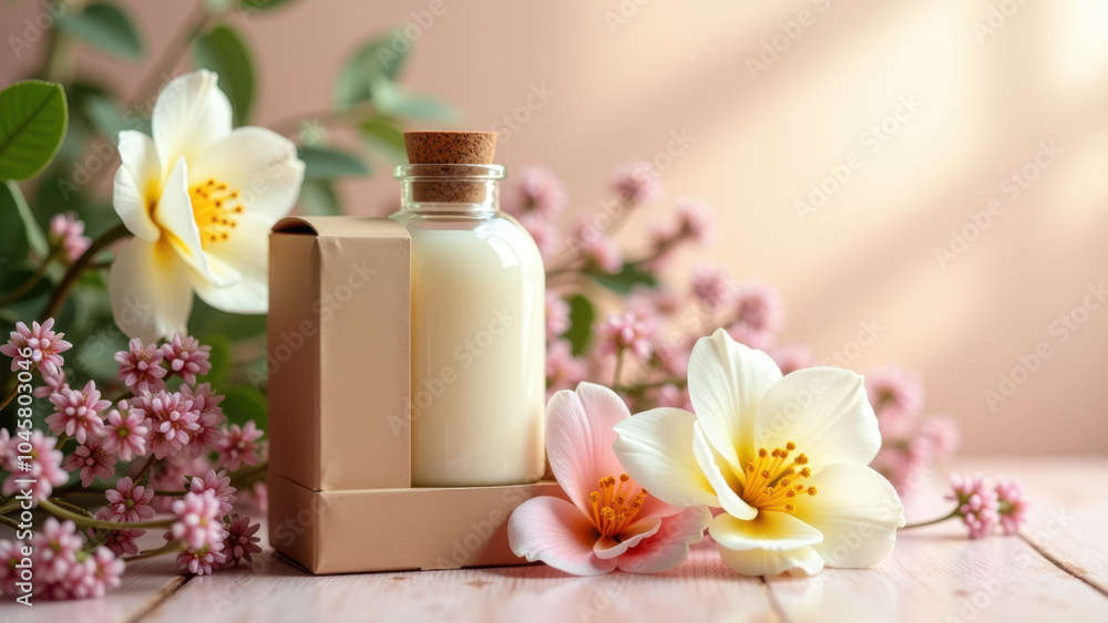 A glass bottle of lotion with floral decor, featuring soft white and pink blossoms on a wooden table, creating a gentle and natural aesthetic.