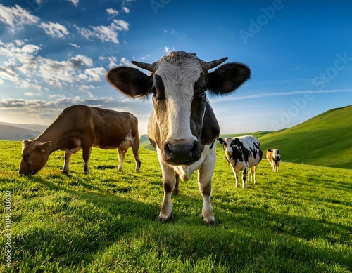 cows are grazing on a meadow cattle cow pasture in a green field dairy cattle at pasture on hill in rural cattle breed pasture on grass field cow is looking at camera generative ai