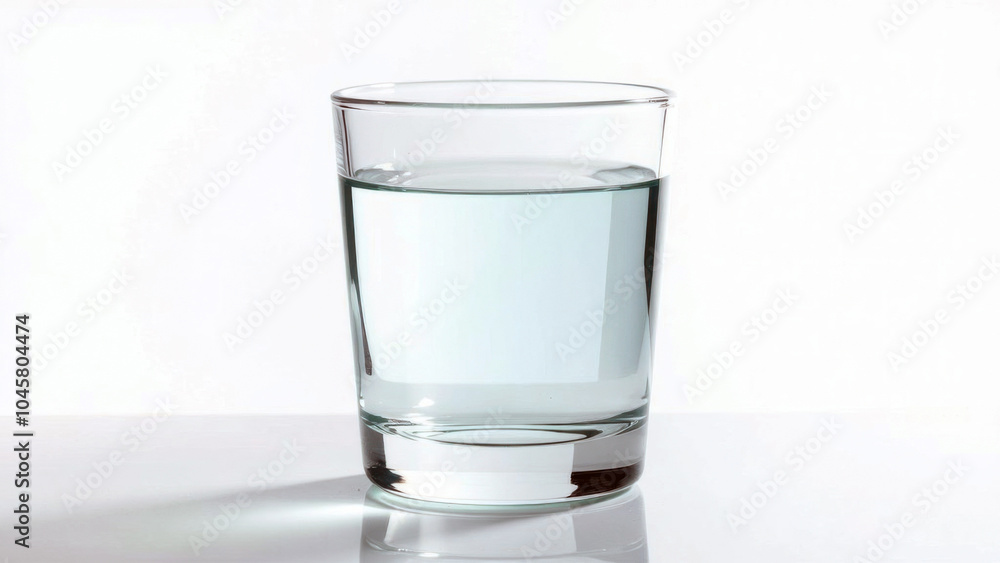 A clear glass filled with water on a reflective surface against a plain background in a bright setting A clear glass filled with water on a reflective surface against a plain background in a bright setting