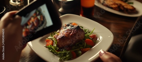 Fototapeta Naklejka Na Ścianę i Meble -  A person taking a photo of a plate of food with a smartphone.