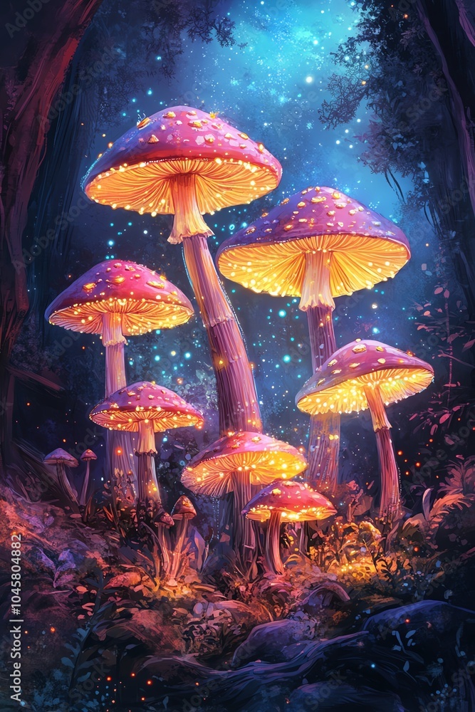 Fototapeta premium A magical scene featuring glowing mushrooms in a vibrant forest under a starry night sky, creating an enchanting atmosphere.