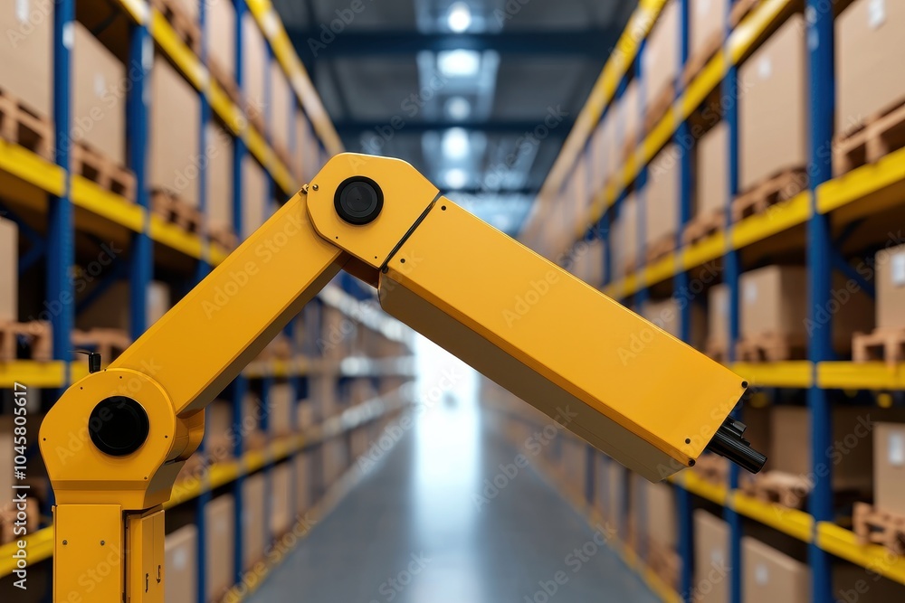 Yellow robotic arm in a warehouse, surrounded by stacked cardboard boxes. Yellow robotic arm in a warehouse, surrounded by stacked cardboard boxes.