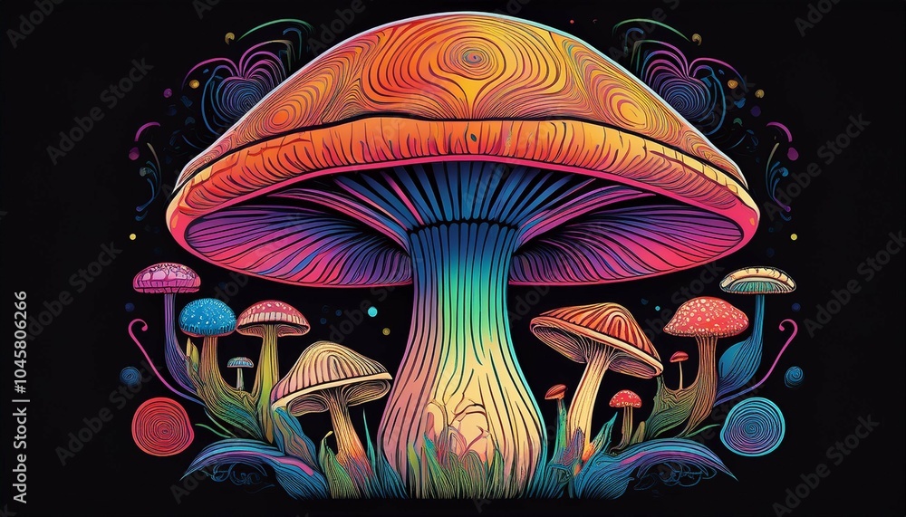 illustration of a mushroom a vector illustration featuring vibrant mushrooms depicted in flat psychedelic colors with intricate thin lines against a black background illustration of a mushroom a vector illustration featuring vibrant mushrooms depicted in flat psychedelic colors with intricate thin lines against a black background