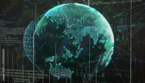 image of digital data processing and globe over black background