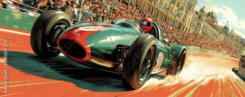 Vintage green and red racing car speeding down the track with motion blur in a historic city setting