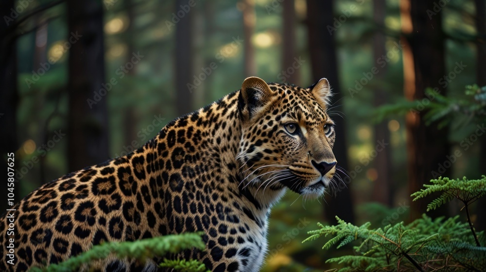 A majestic leopard with a spotted coat stands alert in a dense forest, its gaze fixed on something in the distance. A majestic leopard with a spotted coat stands alert in a dense forest, its gaze fixed on something in the distance.
