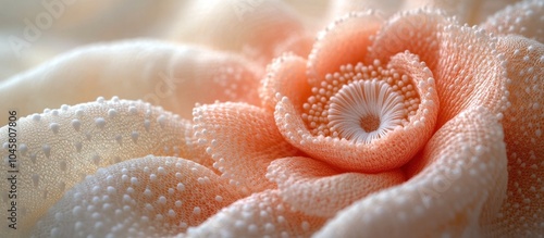 A close-up of a delicate, peach-colored rose with intricate textures and details.