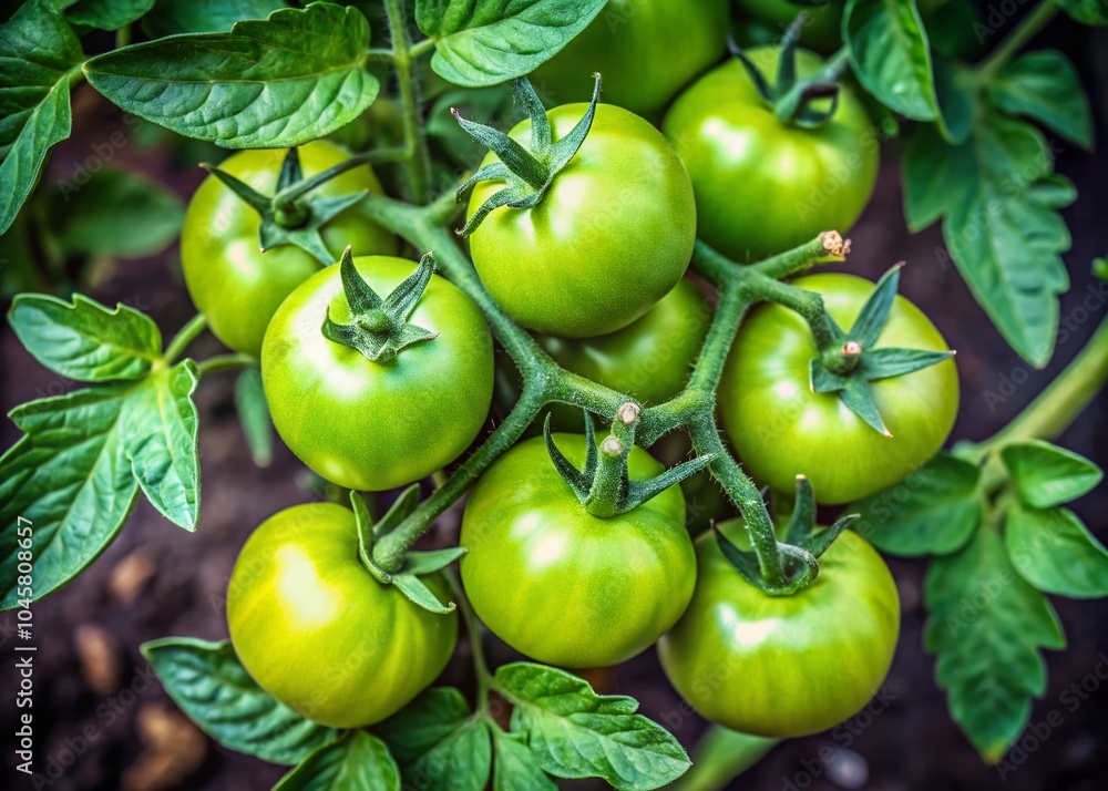 Minimalist Top View of Green Tomatoes on a Plant in a Vegetable Garden Minimalist Top View of Green Tomatoes on a Plant in a Vegetable Garden