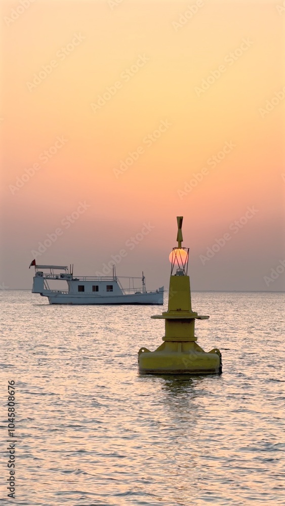 Buoy and boat at sunset brings soft golden hues. Standing as guiding mark on still waters gentle waves shimmer under fading light. Nautical safety blends with nature elegance on ocean surface.