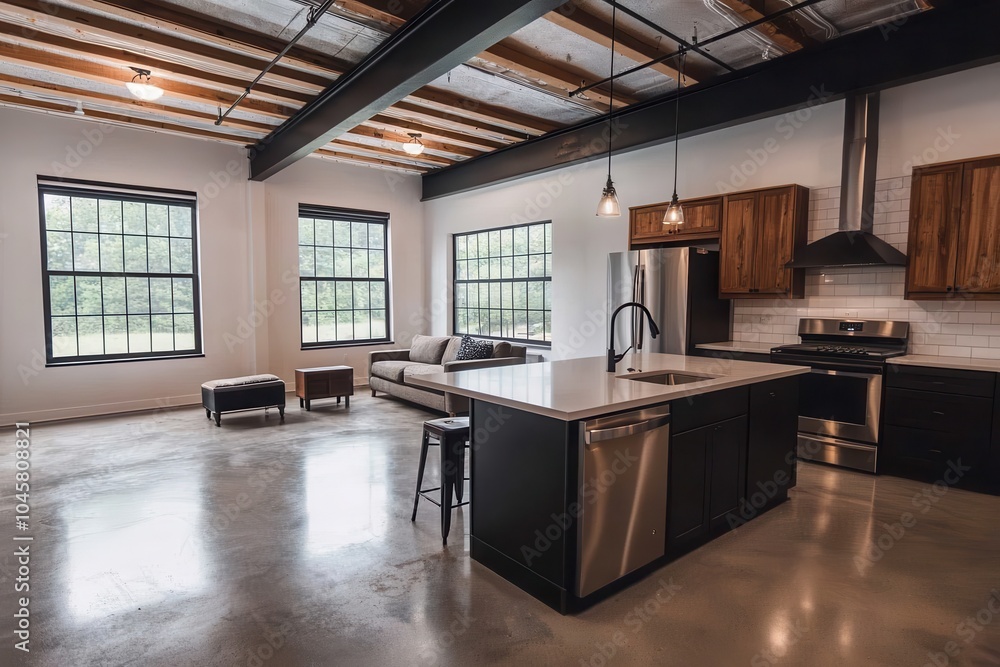 A modern, open-concept kitchen and living area featuring sleek appliances, industrial design, and large windows providing natural light. A modern, open-concept kitchen and living area featuring sleek appliances, industrial design, and large windows providing natural light.