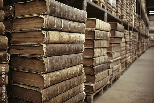 Ancient Library Archives: Time-Worn Tome Storage in Rows photo