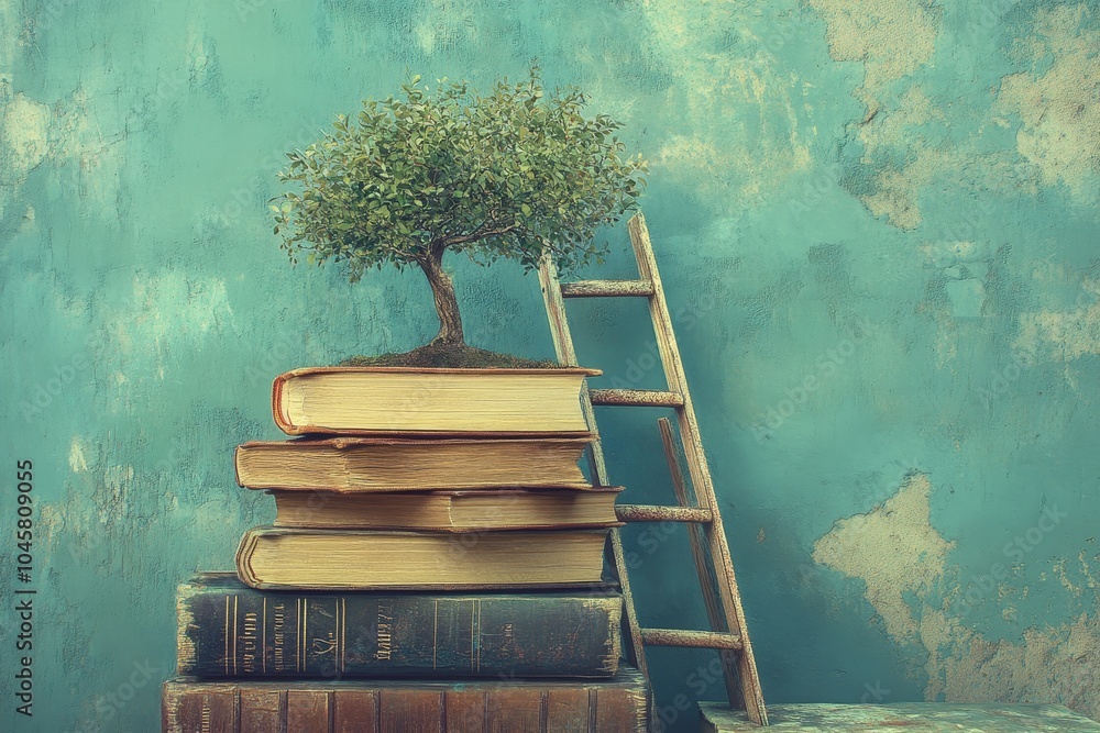 A small tree growing atop a stack of books, symbolizing knowledge and ...