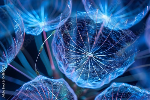 Macro shot of detailed blue pappus of dandelion flower seeds photo