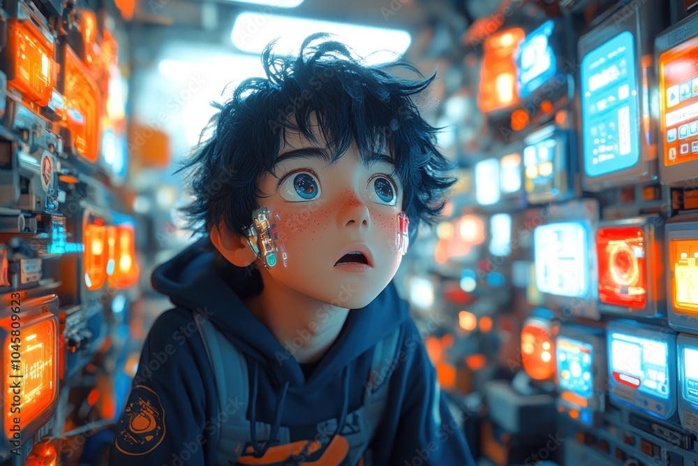 A young boy gazes in wonder at glowing screens in a futuristic setting. A young boy gazes in wonder at glowing screens in a futuristic setting.