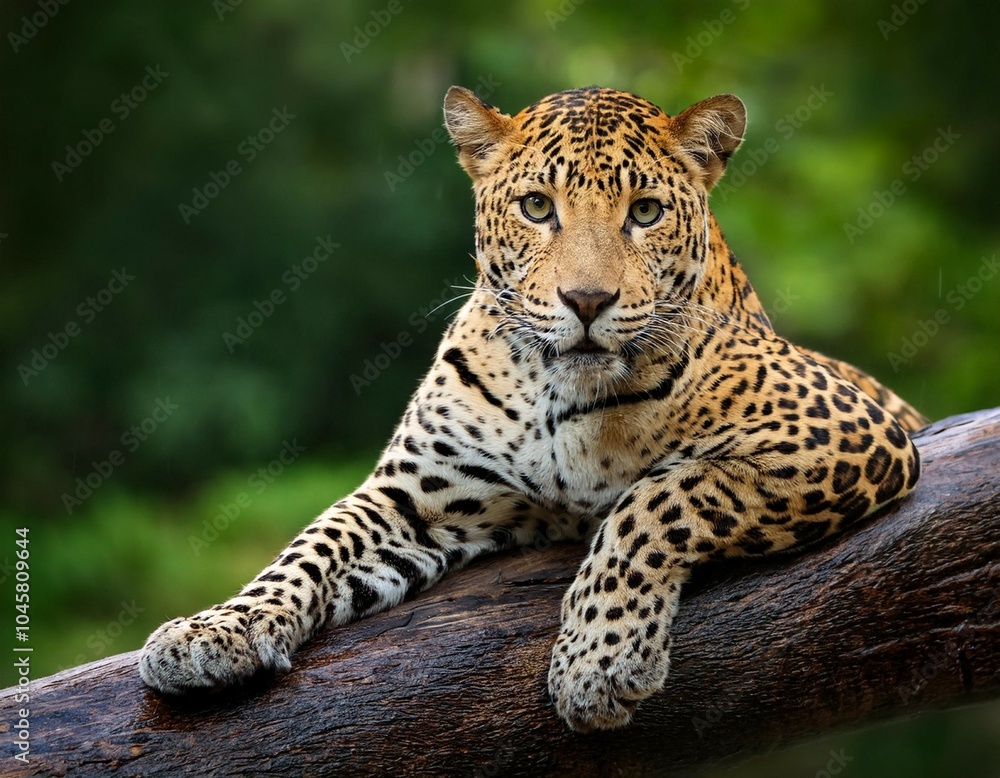Fototapeta premium wild male leopard or panther or panthera pardus relaxing sitting on tree trunk branch in monsoon season safari and in natural scenic green background generative ai