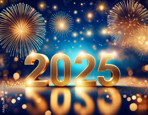 2025 new year celebration golden number and fireworks at blue eve night in abstract defocused lights