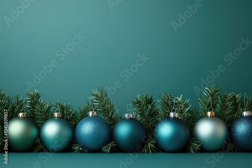 Elegant Green and Blue Christmas Ornaments with Pine Garland on Teal Background