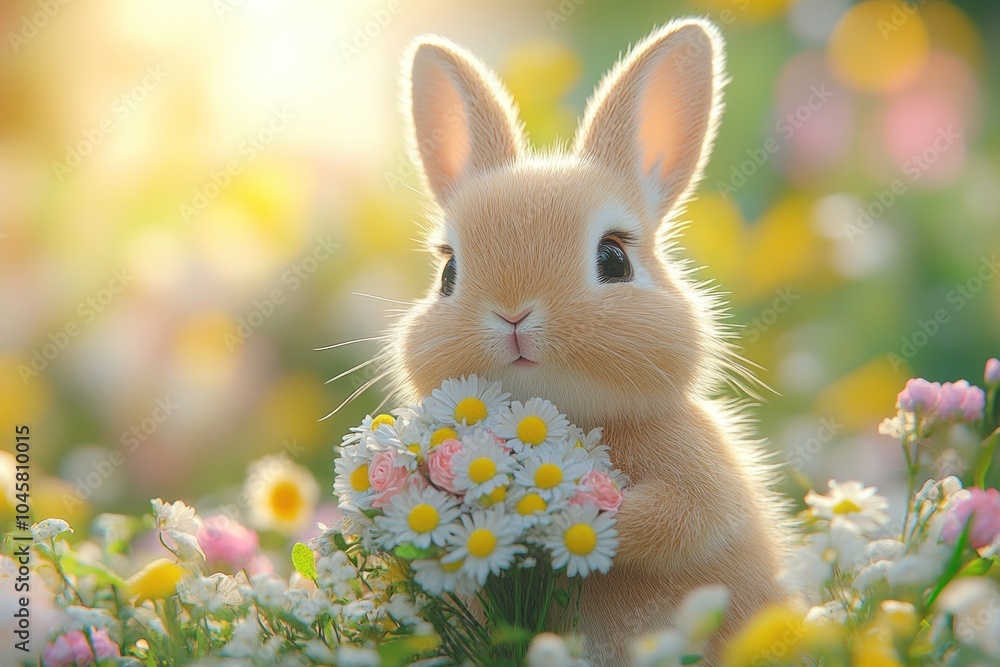 A cute bunny holding a bouquet of flowers in a vibrant, sunny meadow. A cute bunny holding a bouquet of flowers in a vibrant, sunny meadow.