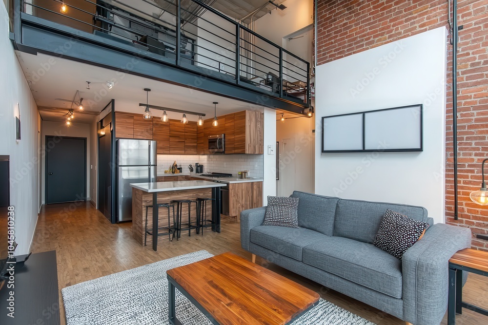 Naklejka premium A modern, loft-style apartment featuring an open layout, rustic brick walls, stylish furnishings, and a cozy living area.