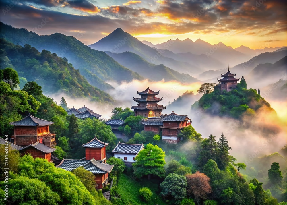Obraz premium Misty Mountain Landscape with Traditional Chinese Architecture in High Depth of Field