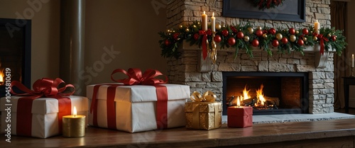 Cozy Christmas Fireplace: Presents and candles glow warmly by a crackling fireplace, creating a festive and inviting holiday scene.