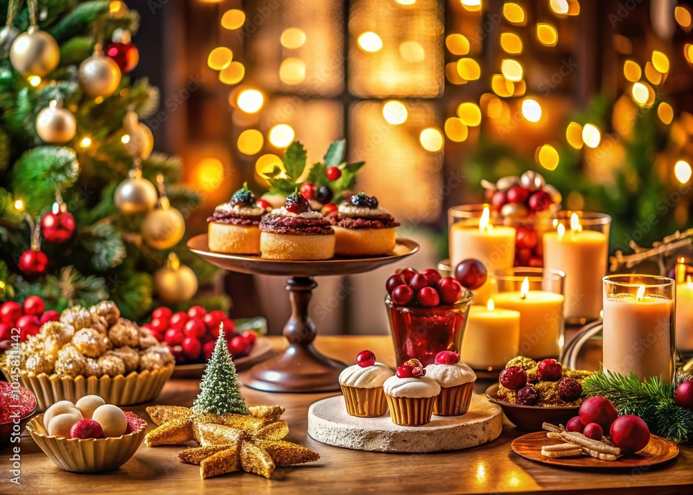 Naklejka premium Modern Christmas Food Photography with Festive Decor and Seasonal Treats