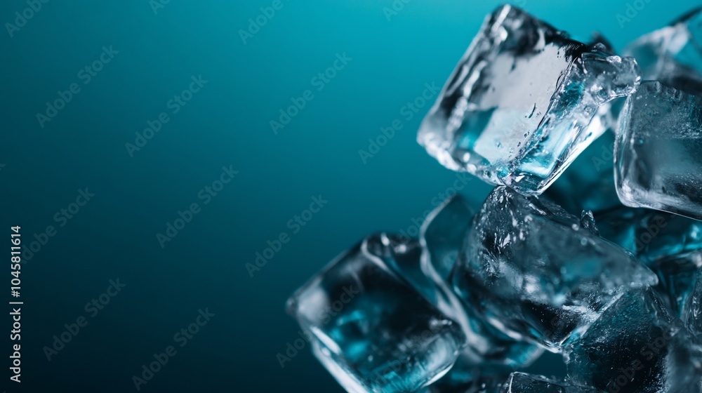 Close-up of clear ice cubes on a teal background. Close-up of clear ice cubes on a teal background.