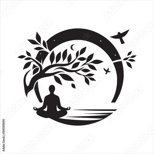 Meditative yoga silhouette vector under tree with birds, symbolizing peace, nature, and mindfulness