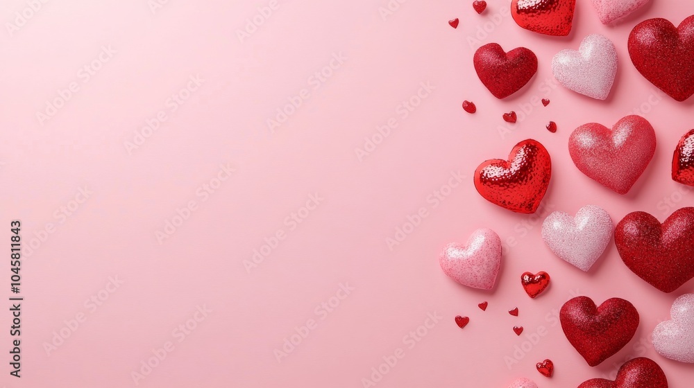 Pink and red hearts on a pink background, leaving space for text. Pink and red hearts on a pink background, leaving space for text.