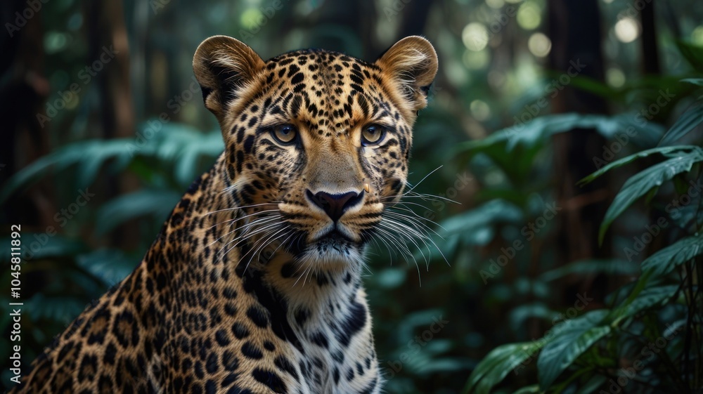 A close-up portrait of a leopard staring intently at the camera, set against a backdrop of lush green foliage. A close-up portrait of a leopard staring intently at the camera, set against a backdrop of lush green foliage.