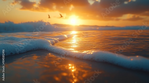 A serene sunset over the ocean, with gentle waves and birds flying in the distance.
