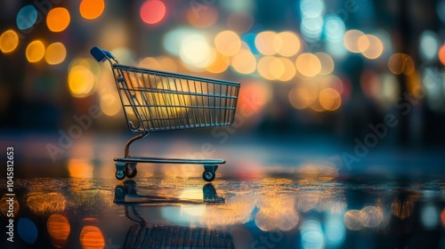 A shopping cart sits on a reflective surface, illuminated by the warm glow of city lights. The reflection creates a sense of depth and movement, representing the journey of consumerism and the endless photo