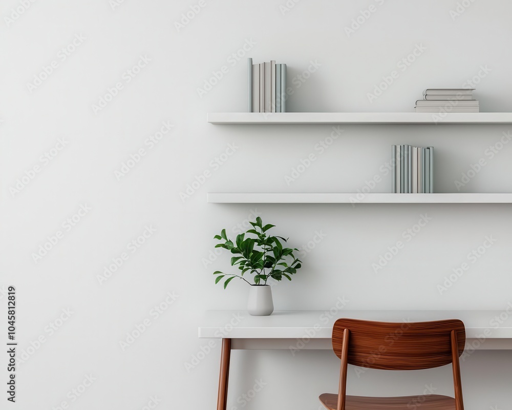 A minimalist officelibrary with clean white walls, slim shelving, and a small desk, providing a tranquil, organized workspace A minimalist officelibrary with clean white walls, slim shelving, and a small desk, providing a tranquil, organized workspace