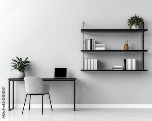 A minimalist libraryoffice with black metal shelves, a sleek desk, and simple, modern decor for a sophisticated and uncluttered look photo