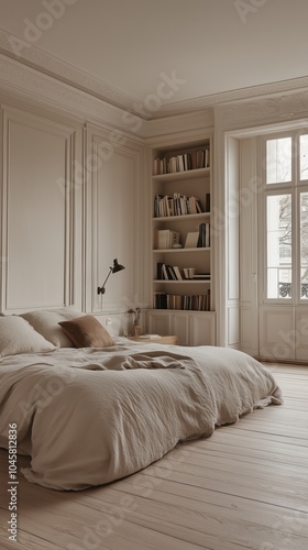 vintage-inspired minimalist bedroom with neutral tones and elegant lighting photo