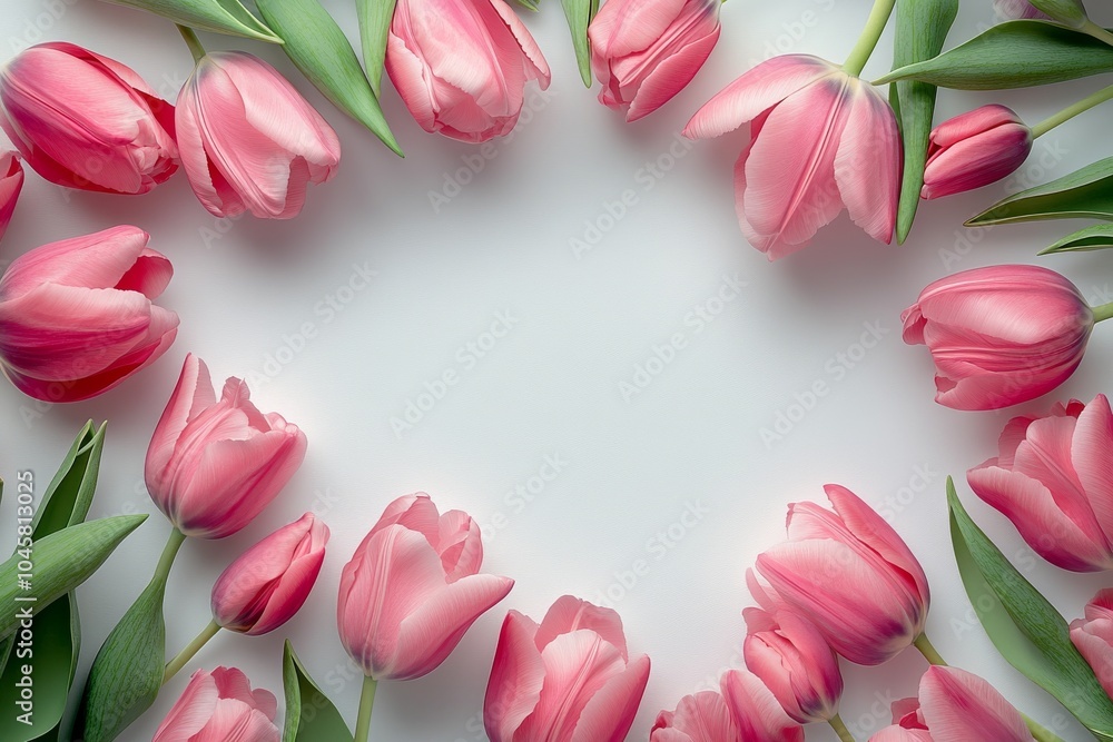 Pink tulips arranged in a heart shape on a white background, with space for text in the center. Pink tulips arranged in a heart shape on a white background, with space for text in the center.