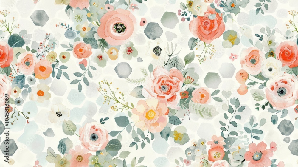 Floral Seamless Pattern with Geometric Shapes Floral Seamless Pattern with Geometric Shapes