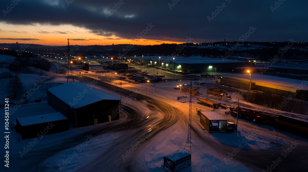 Aerial view of a snow-covered industrial area at dusk, with a dramatic sunset in the background. Aerial view of a snow-covered industrial area at dusk, with a dramatic sunset in the background.