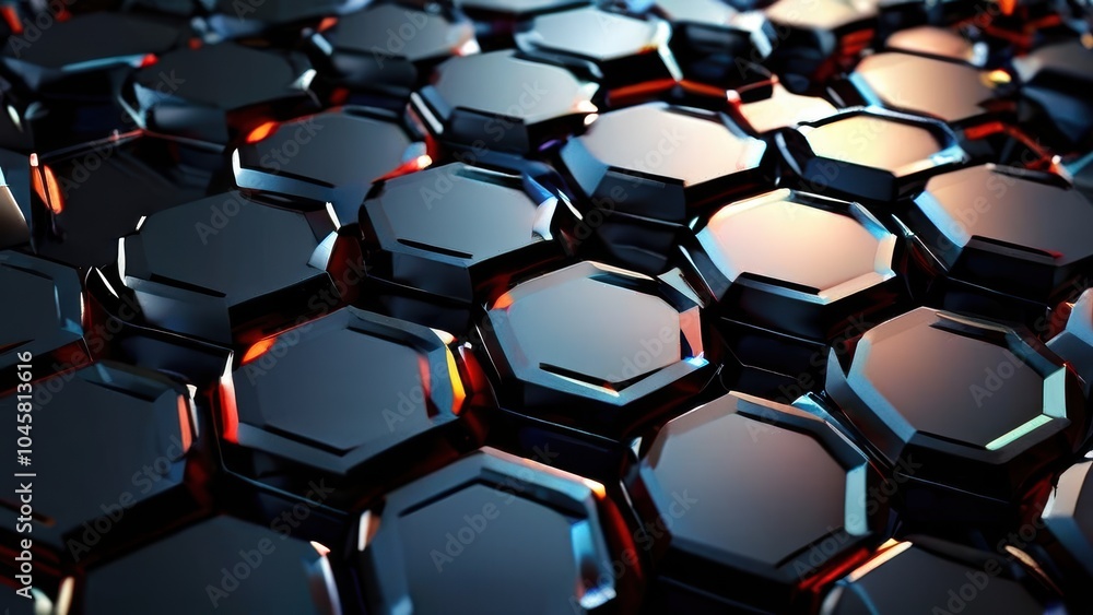 A close-up view of hexagonal tiles with a glossy, reflective surface. A close-up view of hexagonal tiles with a glossy, reflective surface.